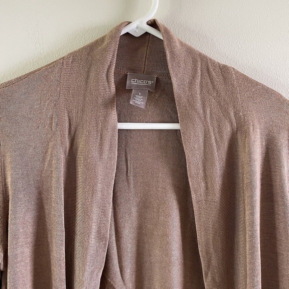 Chico's Open Front Cardigan Sweater Size Medium Tan 3/4 Sleeve Rayon Soft - Picture 3 of 8